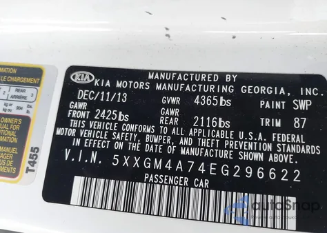 2014 Kia Optima Lx z USA, uszkodzony, nr VIN 5XXGM4A74EG296622